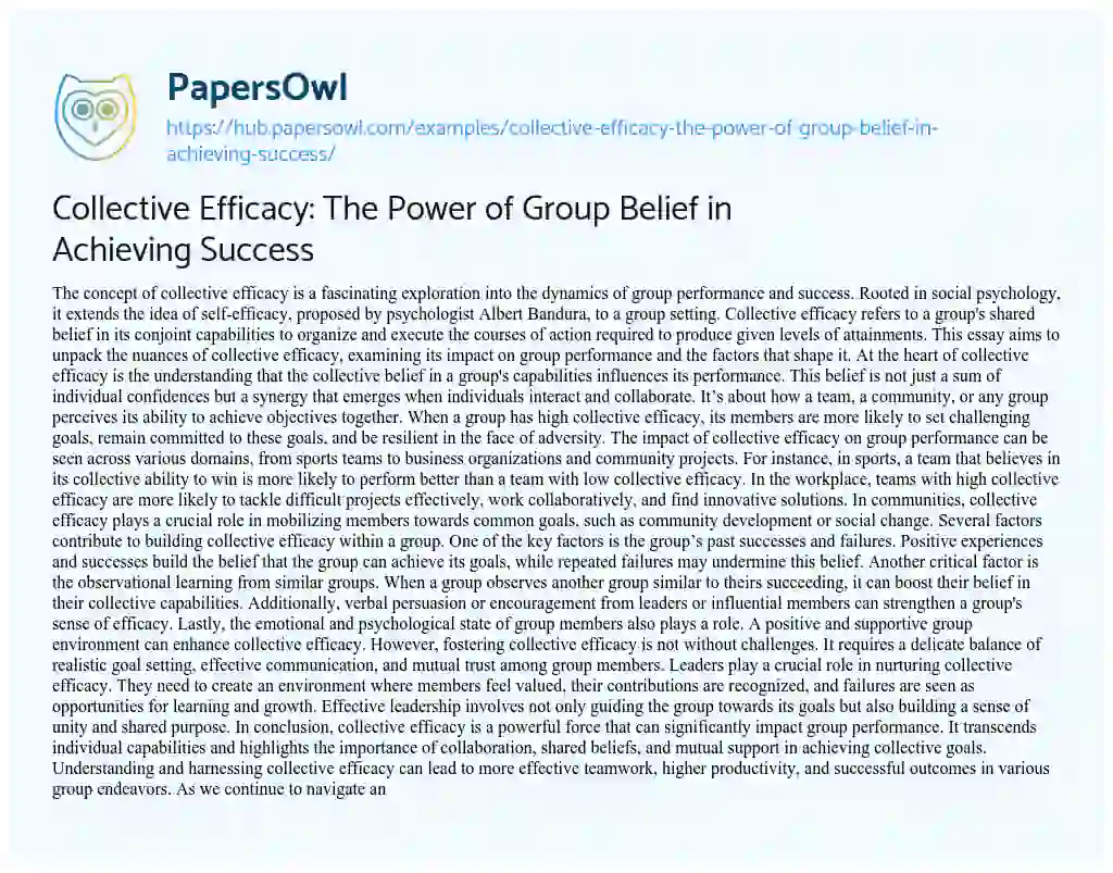 Essay on Collective Efficacy: The Power of Group Belief in Achieving Success