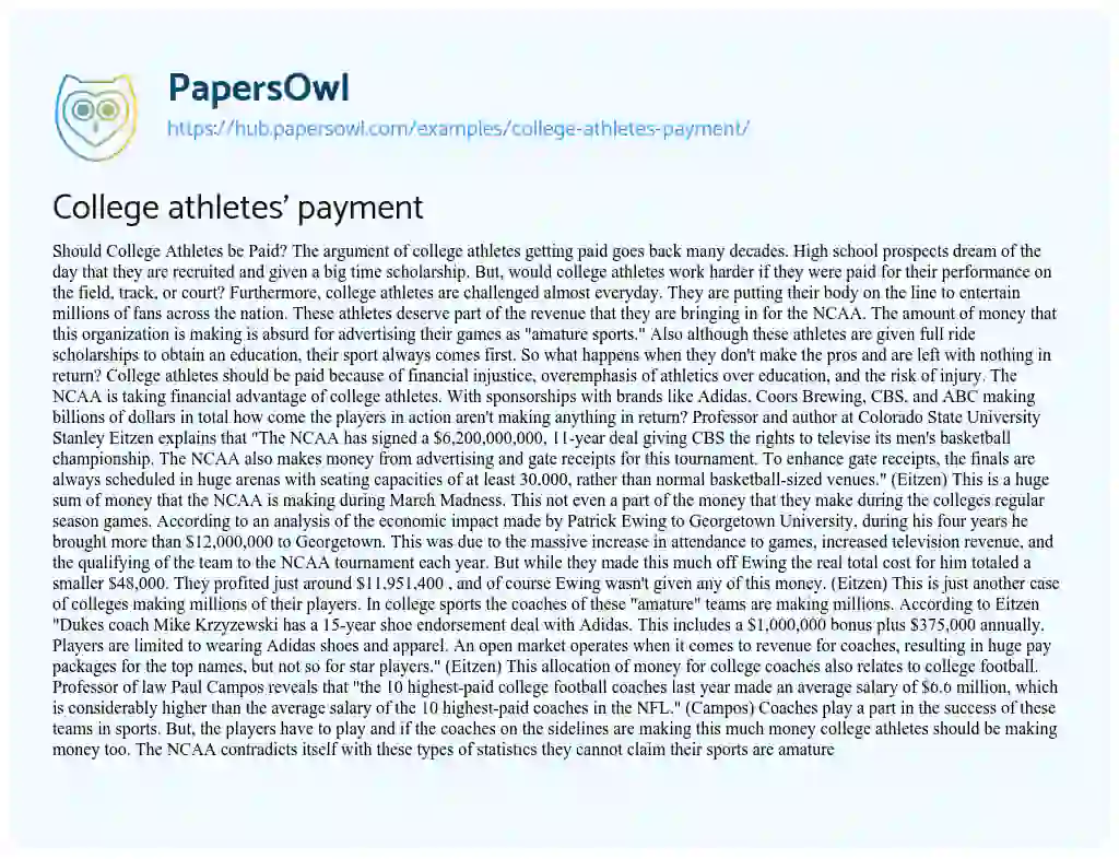Essay on College athletes’ payment