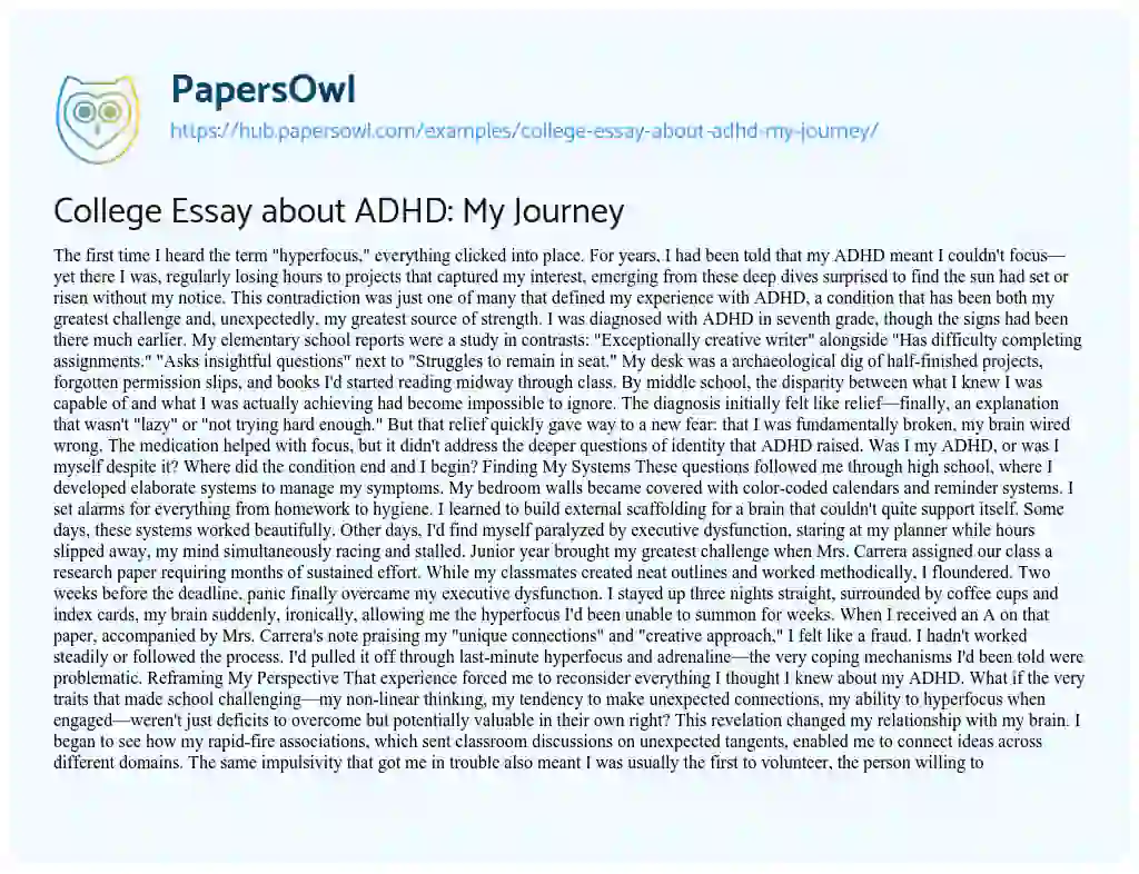 Essay on College Essay about ADHD: My Journey