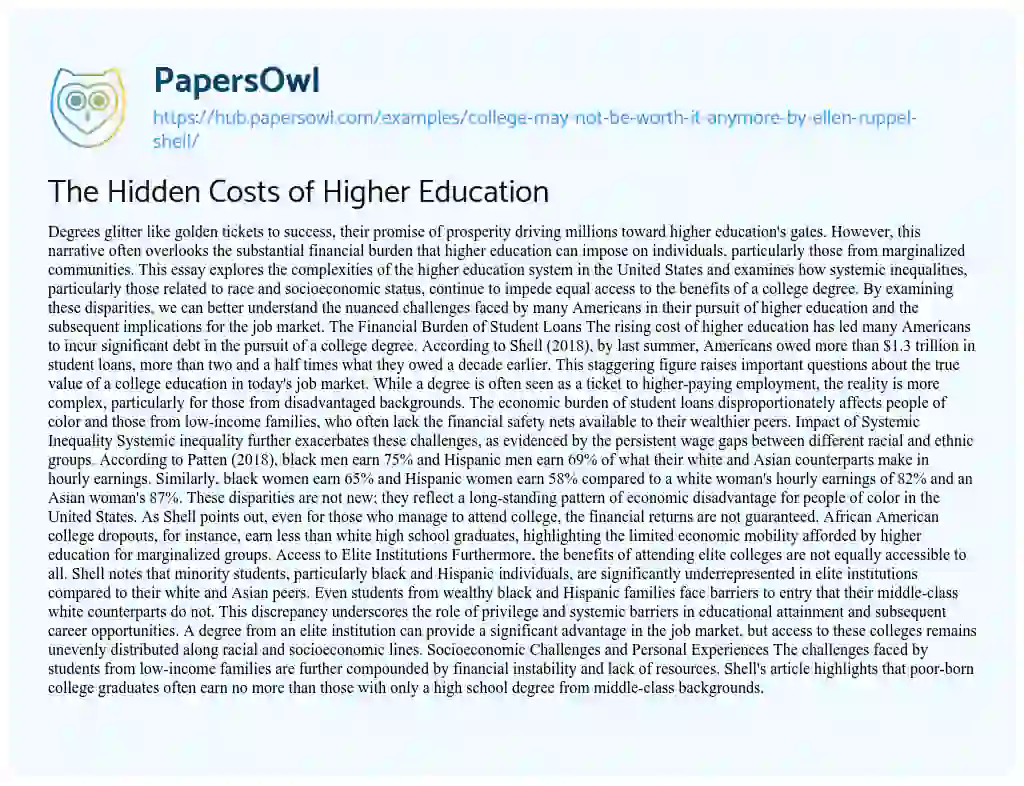 Essay on The Hidden Costs of Higher Education