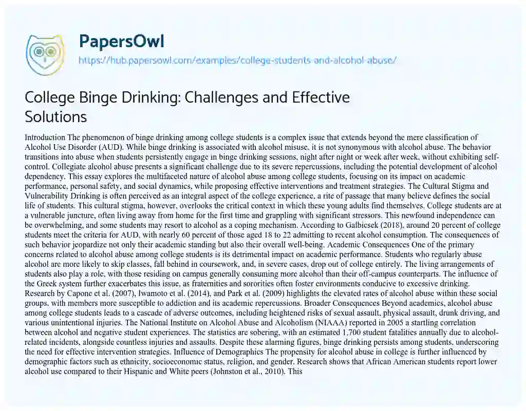 Essay on College Binge Drinking: Challenges and Effective Solutions