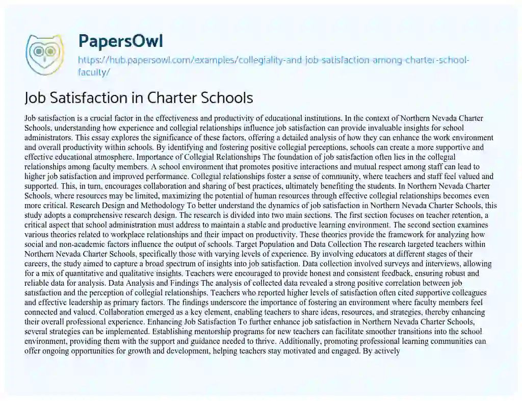 Essay on Job Satisfaction in Charter Schools