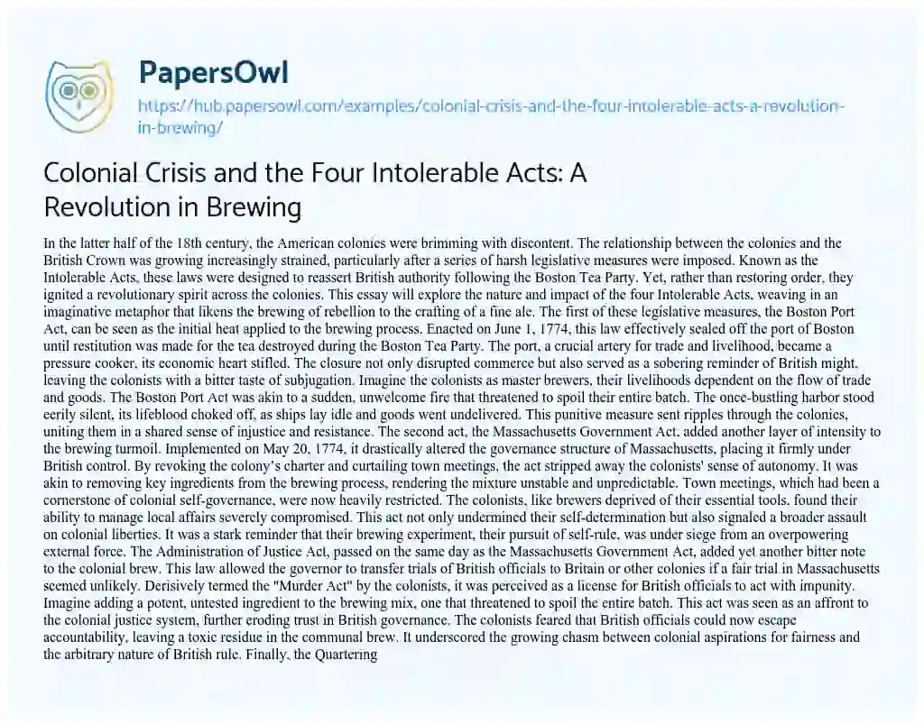 Essay on Colonial Crisis and the Four Intolerable Acts: A Revolution in Brewing