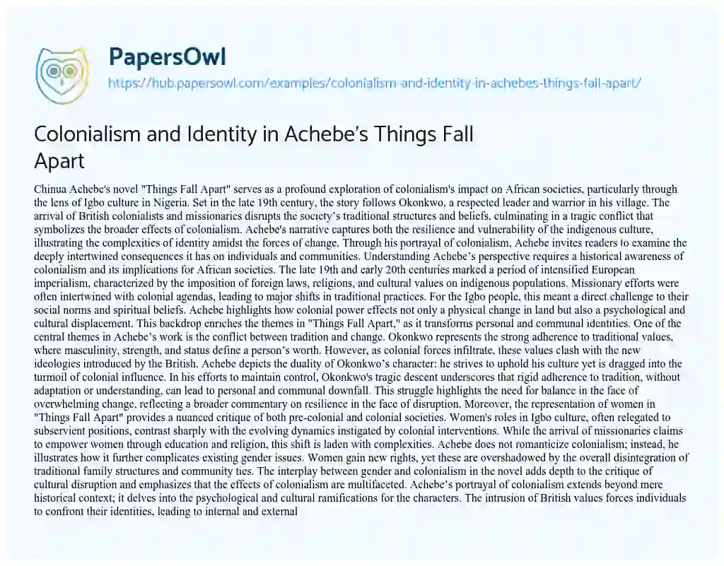 Essay on Colonialism and Identity in Achebe’s Things Fall Apart