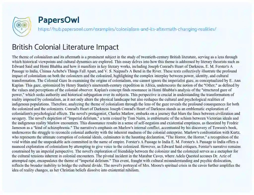 Essay on British Colonial Literature Impact