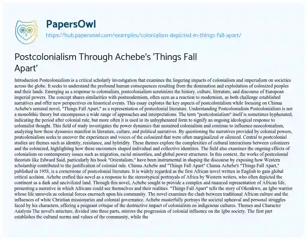 Essay on Postcolonialism Through Achebe’s ‘Things Fall Apart’