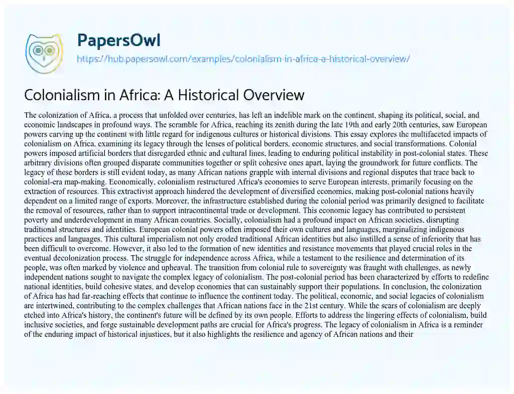 Essay on Colonialism in Africa: A Historical Overview