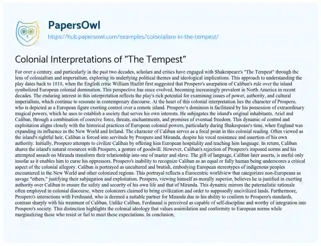 Essay on Colonial Interpretations of “The Tempest”