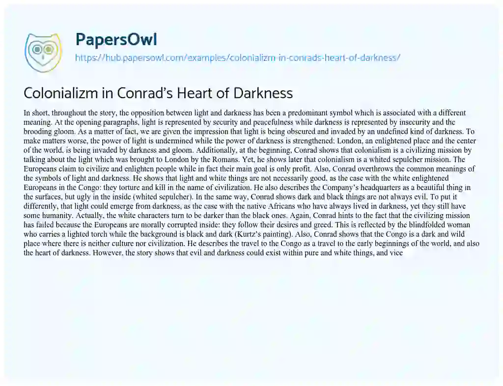 Essay on Colonializm in Conrad’s Heart of Darkness