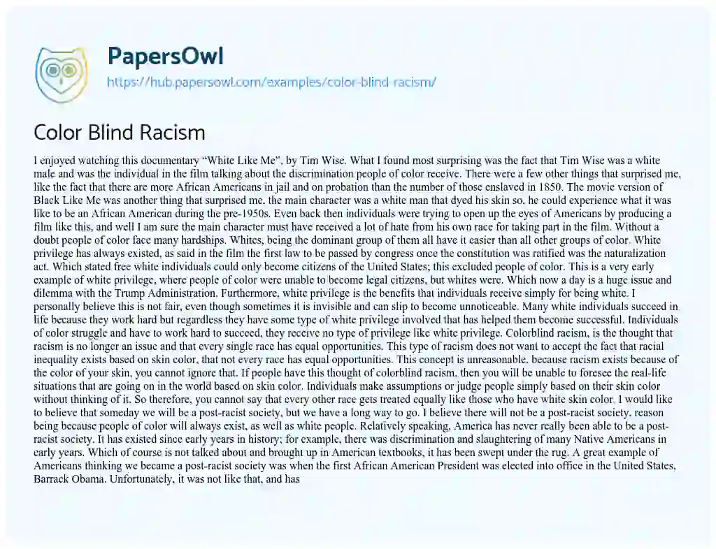 Essay on Color Blind Racism