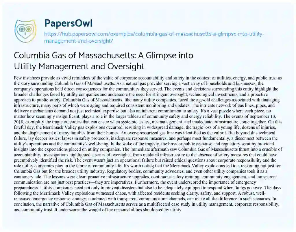 Essay on Columbia Gas of Massachusetts: A Glimpse into Utility Management and Oversight