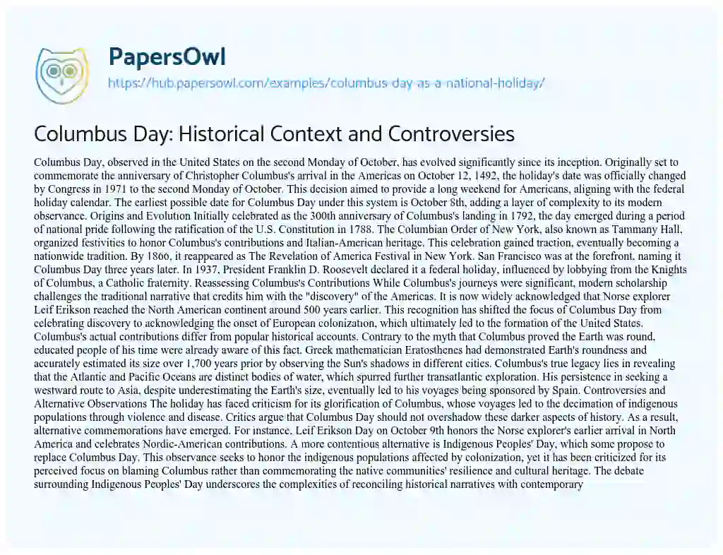 Essay on Columbus Day: Historical Context and Controversies