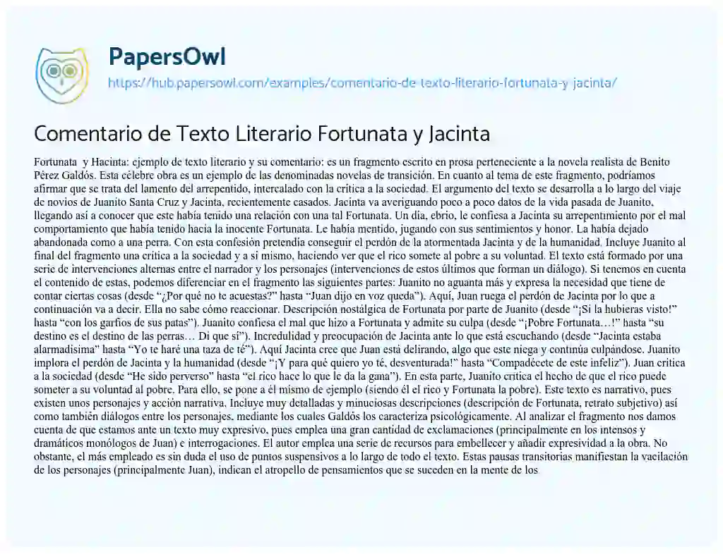 Essay on Comentario de Texto Literario Fortunata y Jacinta