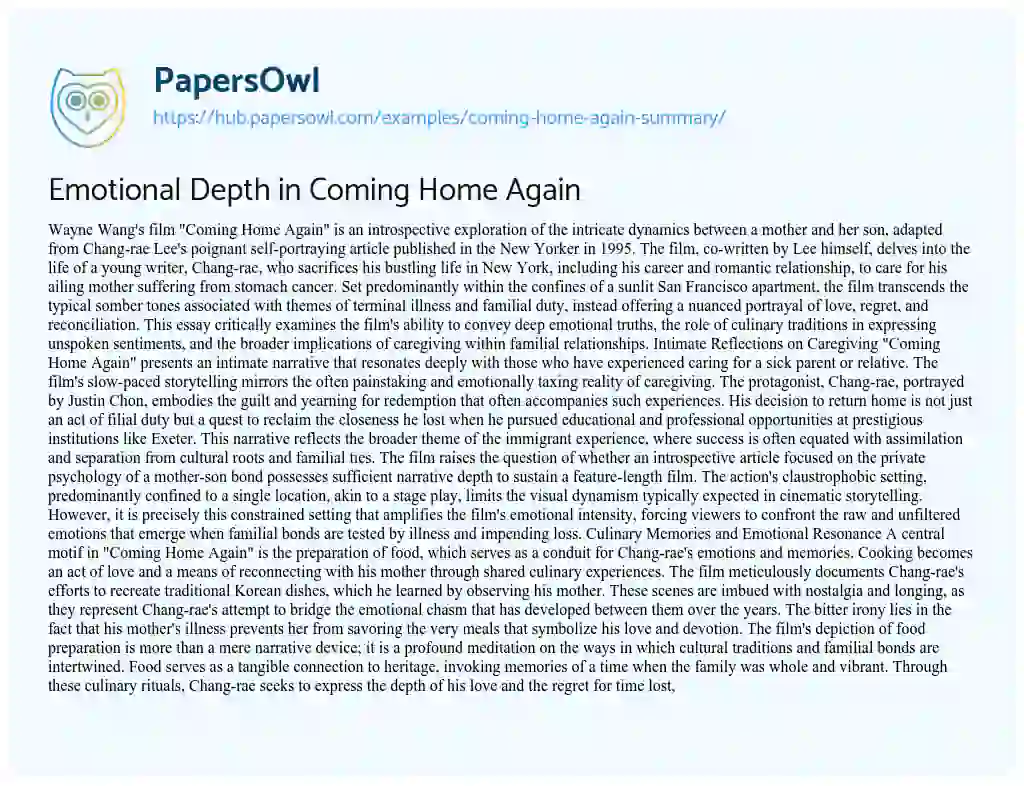 Essay on Emotional Depth in Coming Home Again
