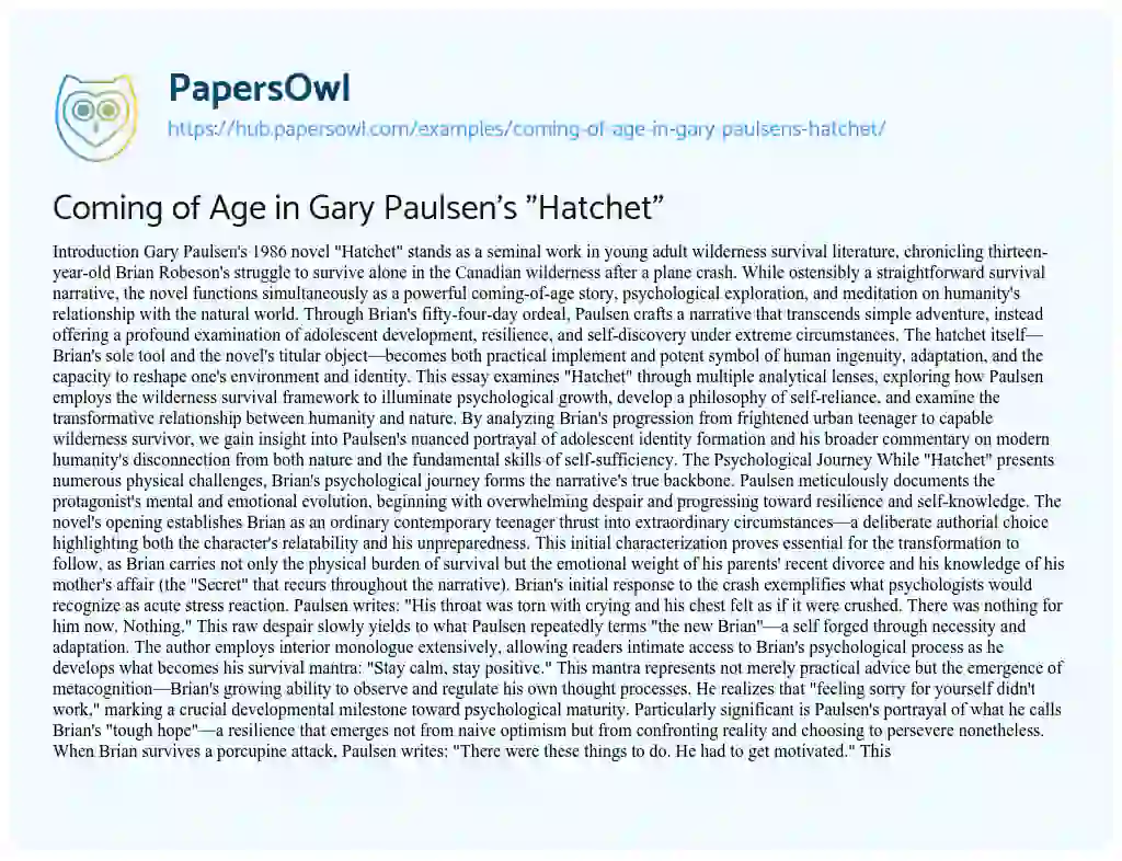 Essay on Coming of Age in Gary Paulsen’s “Hatchet”