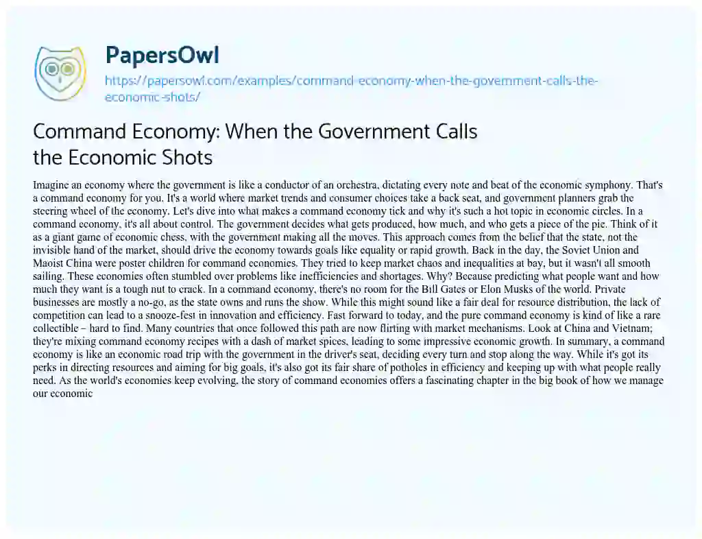 Essay on Command Economy: When the Government Calls the Economic Shots