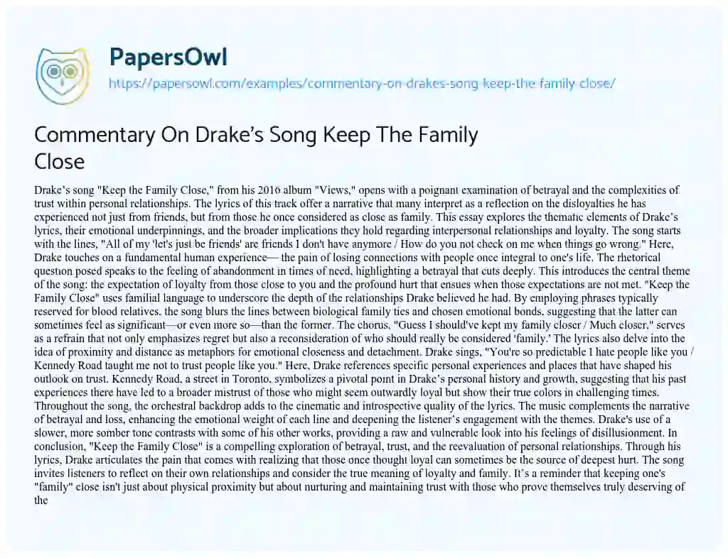 Essay on Commentary On Drake’s Song Keep The Family Close