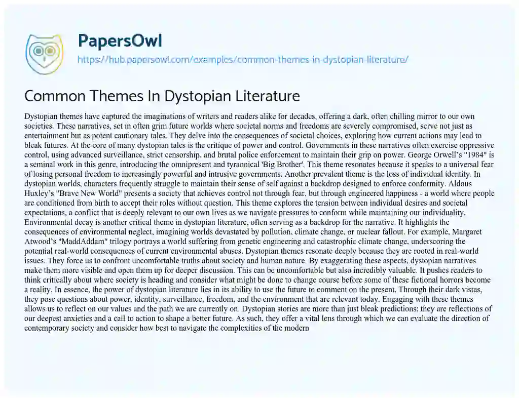 Essay on Common Themes In Dystopian Literature