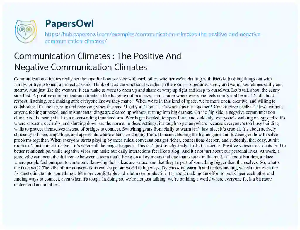 Essay on Communication Climates : The Positive And Negative Communication Climates