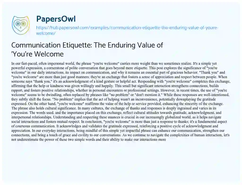 Essay on Communication Etiquette: The Enduring Value of ‘You’re Welcome