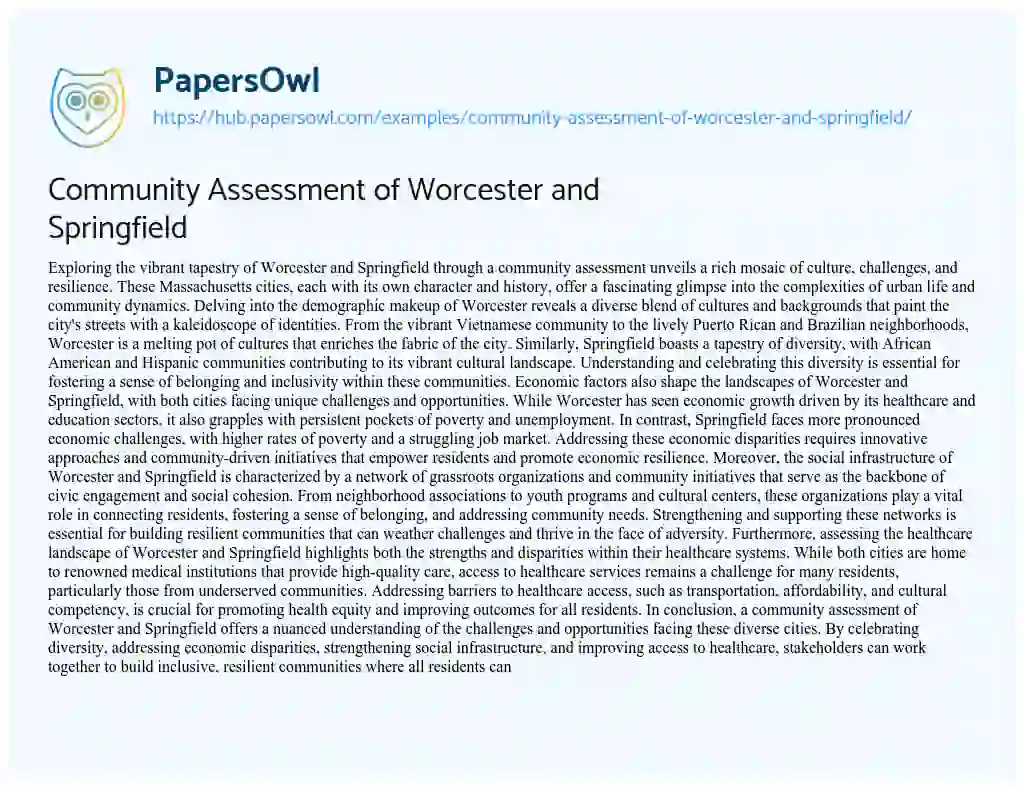 Essay on Community Assessment of Worcester and Springfield