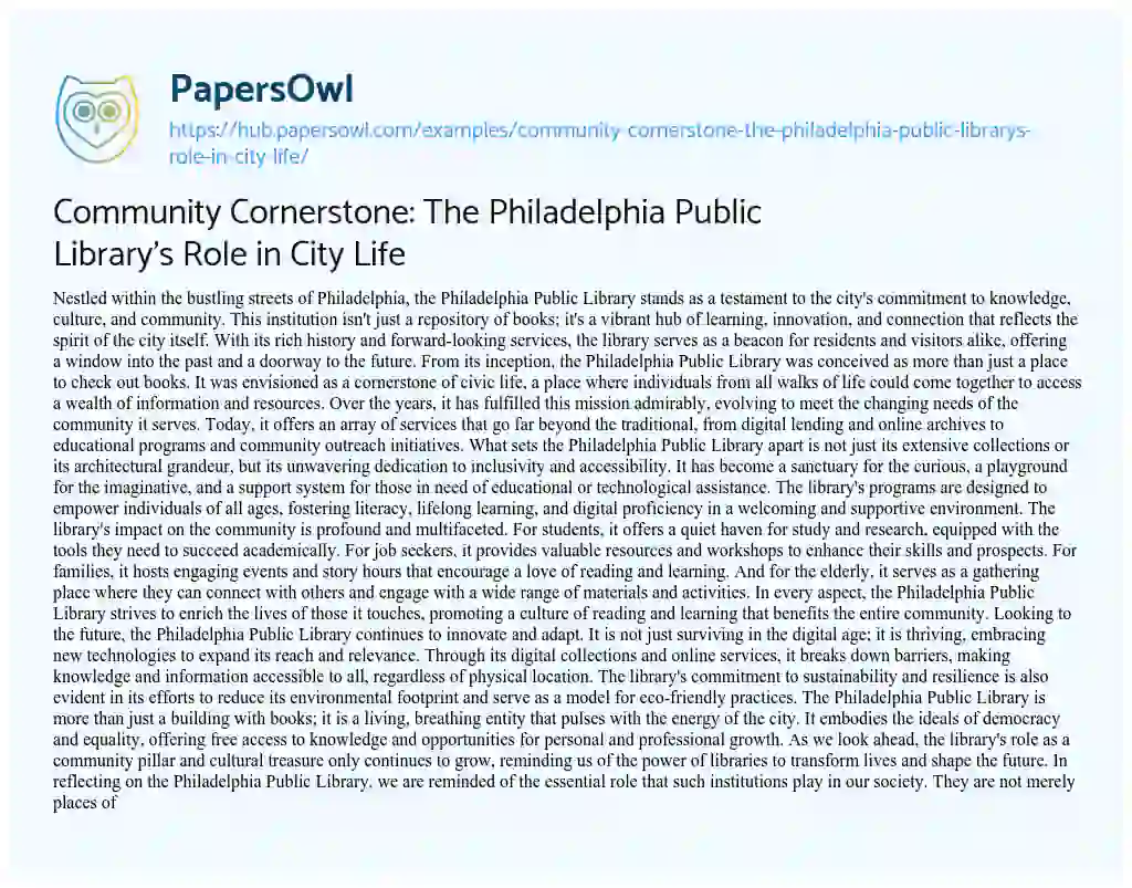 Essay on Community Cornerstone: The Philadelphia Public Library’s Role in City Life