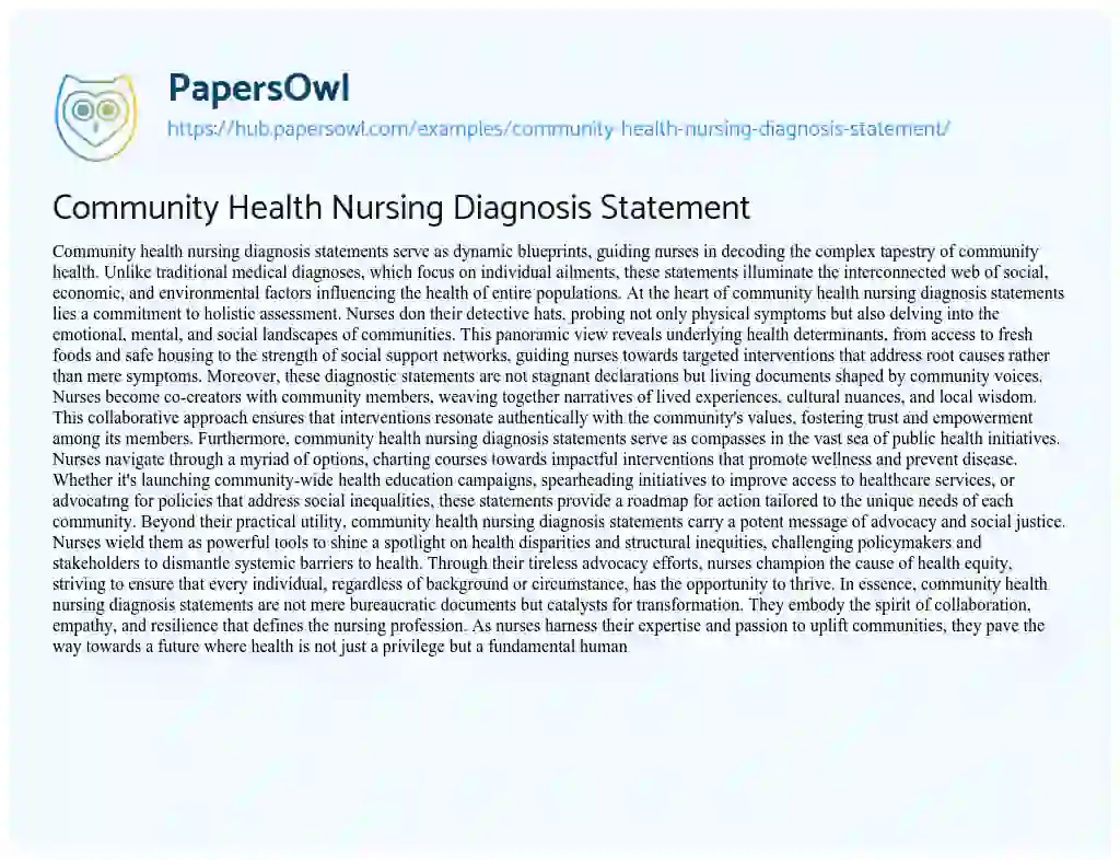 Essay on Community Health Nursing Diagnosis Statement