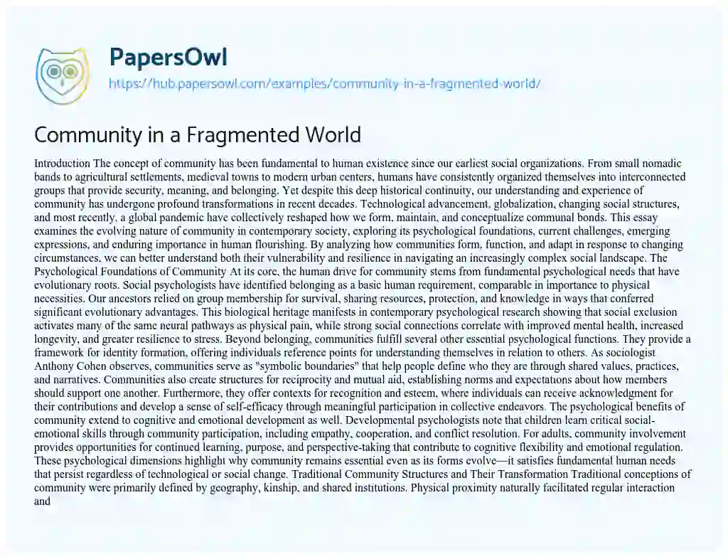 Essay on Community in a Fragmented World