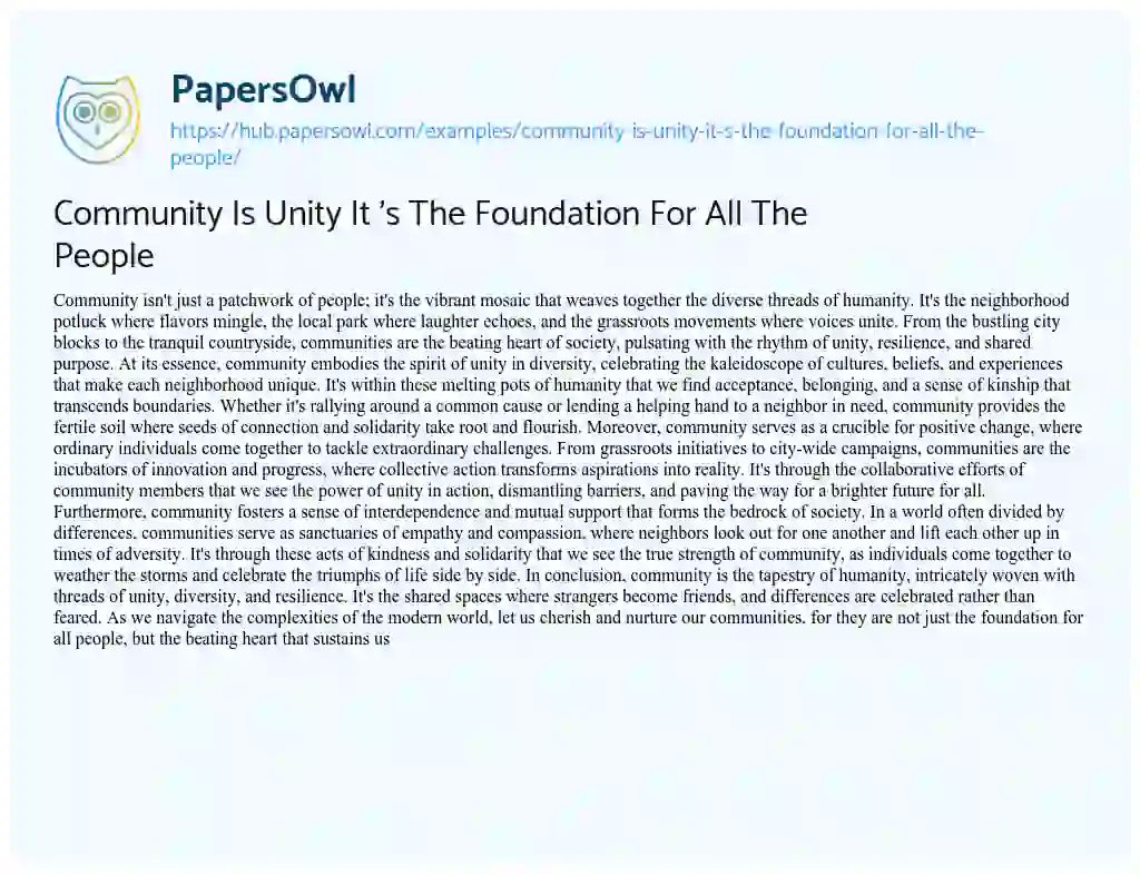 Essay on Community Is Unity It ‘s The Foundation For All The People