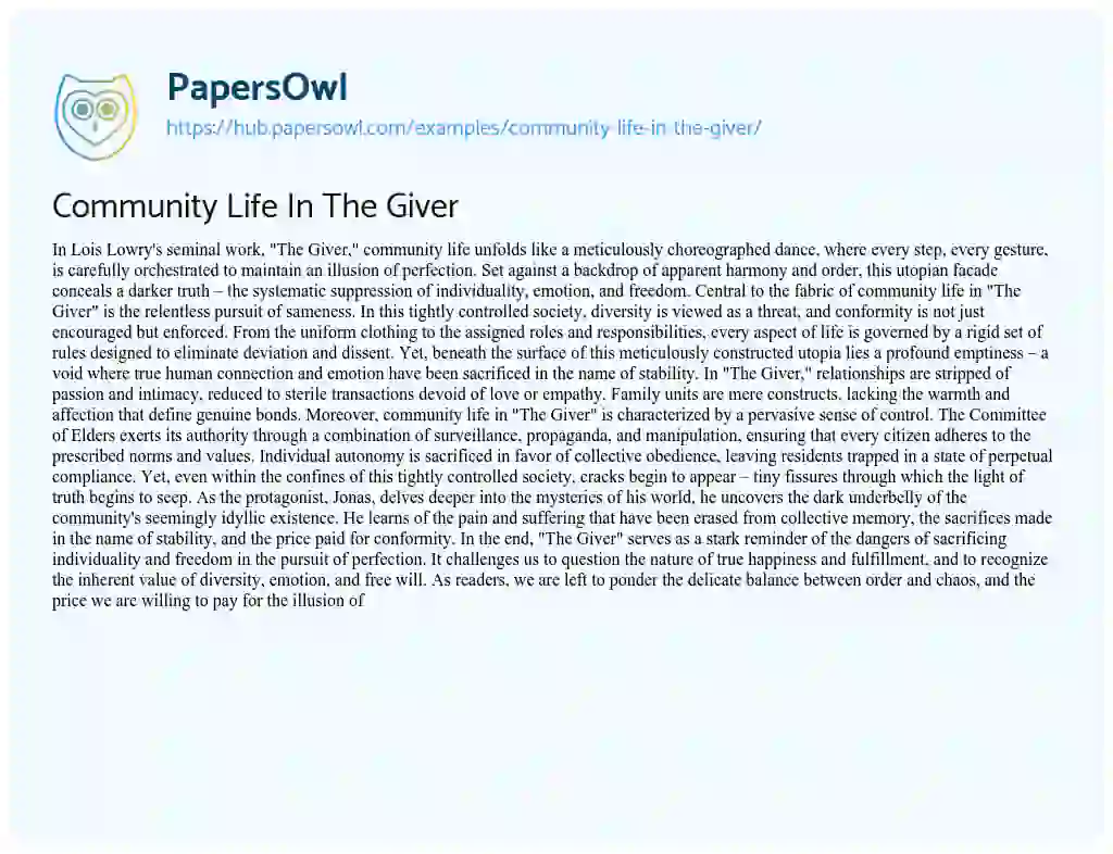 Essay on Community Life In The Giver
