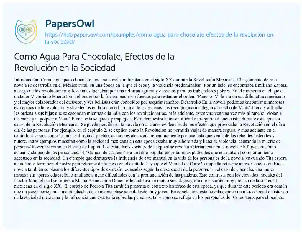 Essay on Como Agua Para Chocolate, Efectos de la Revolución en la Sociedad
