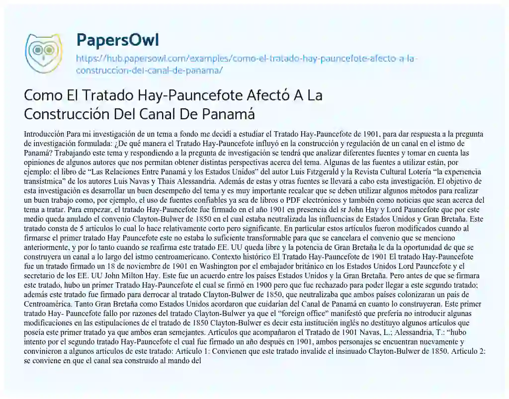 Essay on Como El Tratado Hay-Pauncefote Afectó A La Construcción Del Canal De Panamá