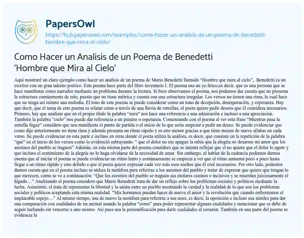 Essay on Como Hacer un Analisis de un Poema de Benedetti ‘Hombre que Mira al Cielo’