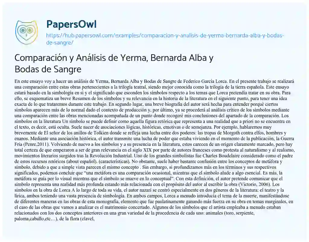 Essay on Comparación y Análisis de Yerma, Bernarda Alba y Bodas de Sangre