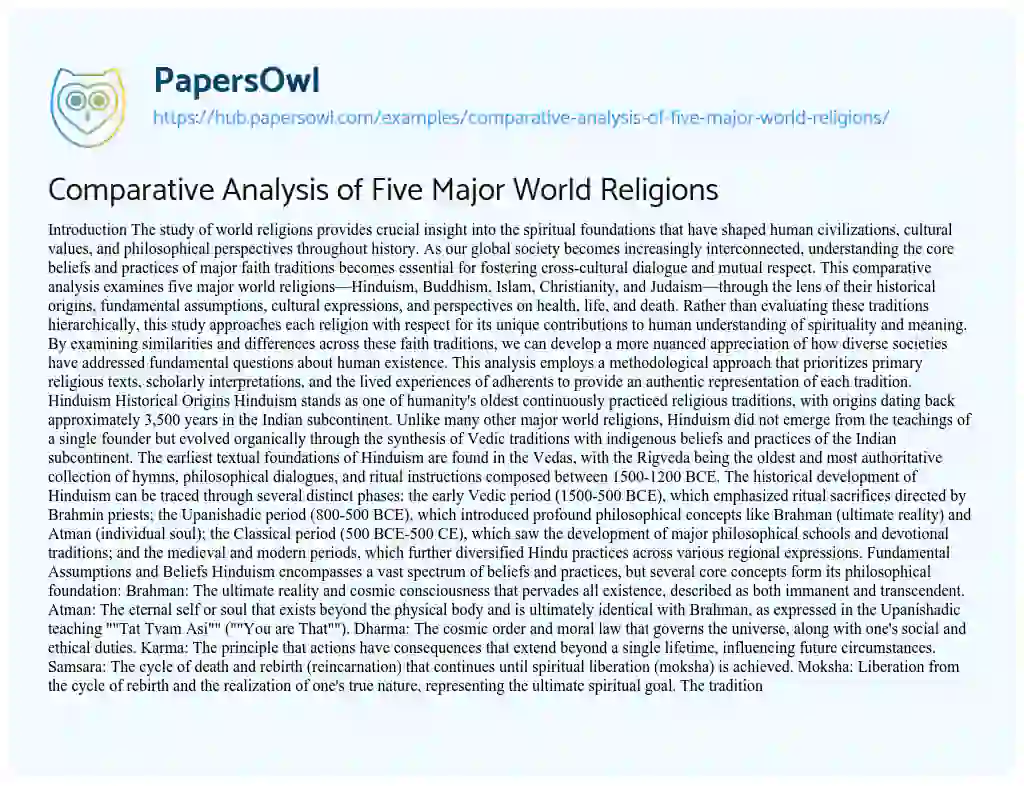 Essay on Comparative Analysis of Five Major World Religions