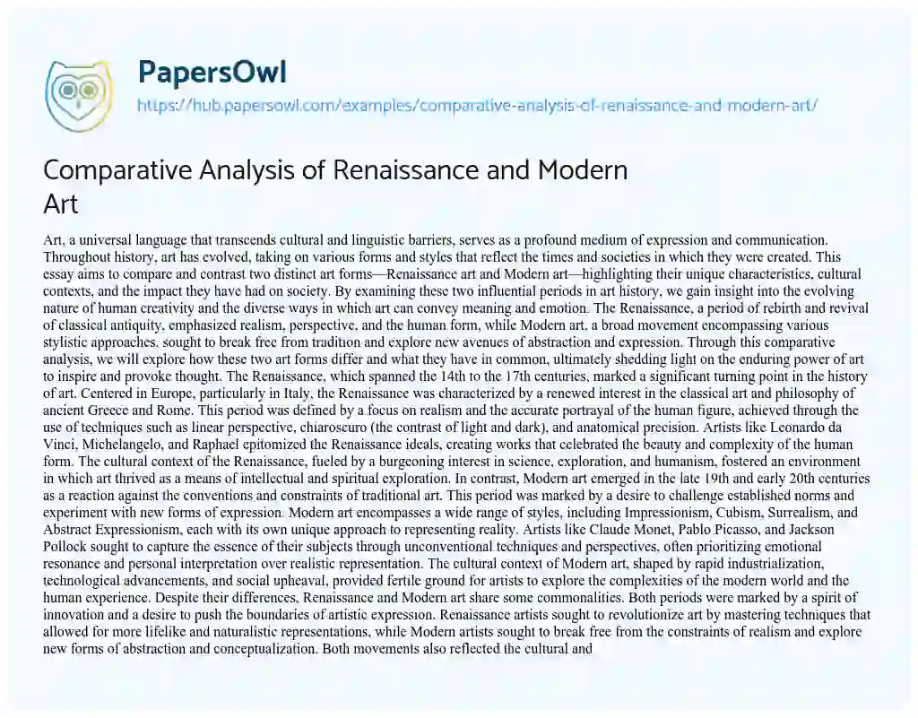 Essay on Comparative Analysis of Renaissance and Modern Art