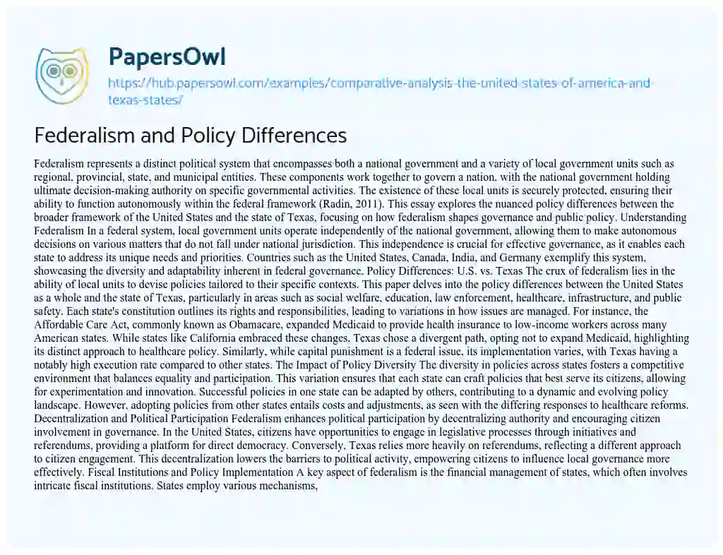 Essay on Federalism and Policy Differences