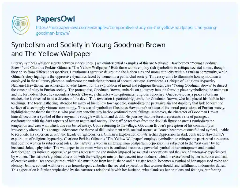 Essay on Symbolism and Society in Young Goodman Brown and The Yellow Wallpaper