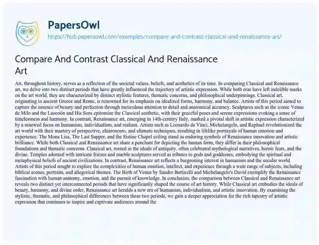 Essay on Compare And Contrast Classical And Renaissance Art