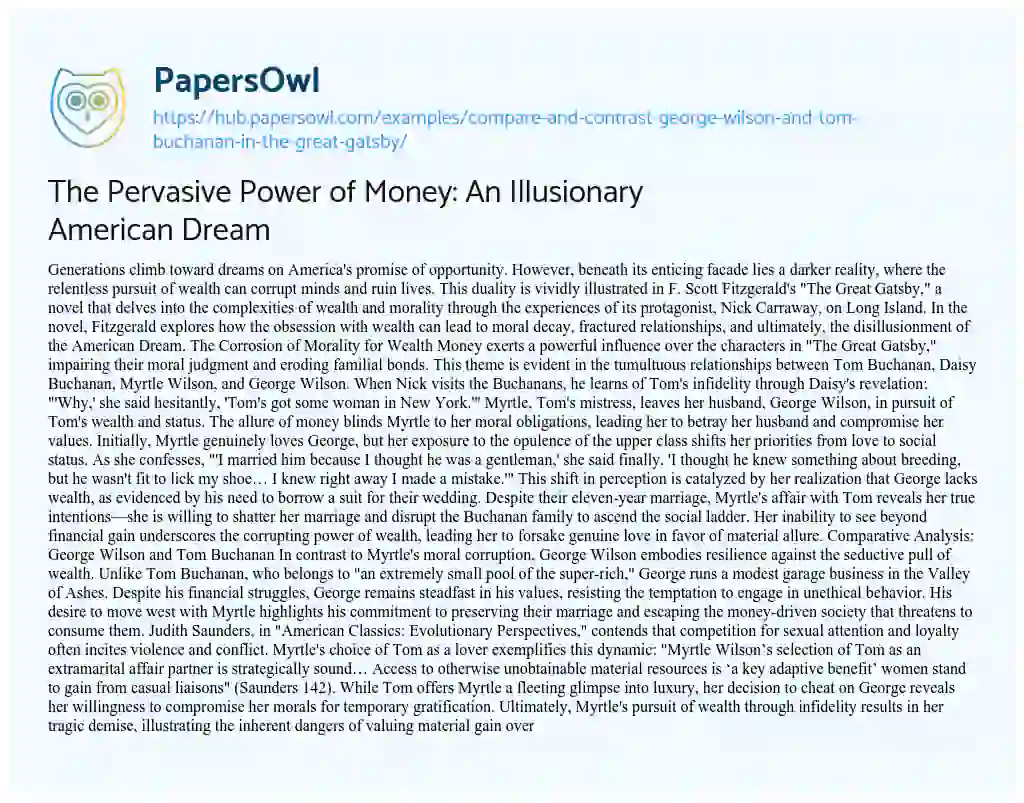 Essay on The Pervasive Power of Money: An Illusionary American Dream
