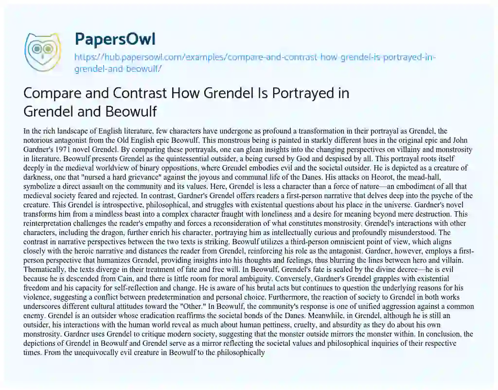 Essay on Compare and Contrast How Grendel Is Portrayed in Grendel and Beowulf