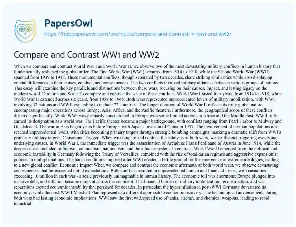 Essay on Compare and Contrast WW1 and WW2