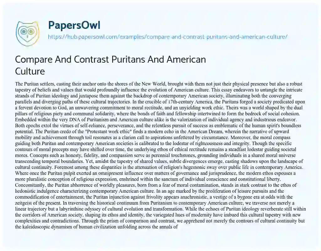 Essay on Compare And Contrast Puritans And American Culture