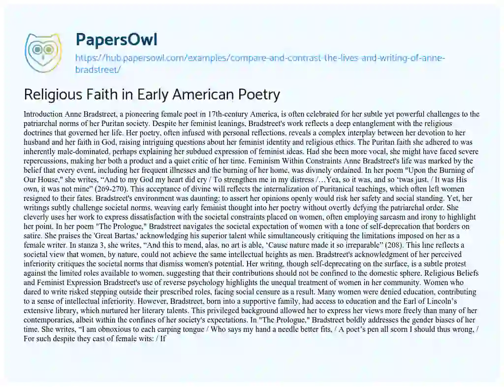 Essay on Religious Faith in Early American Poetry