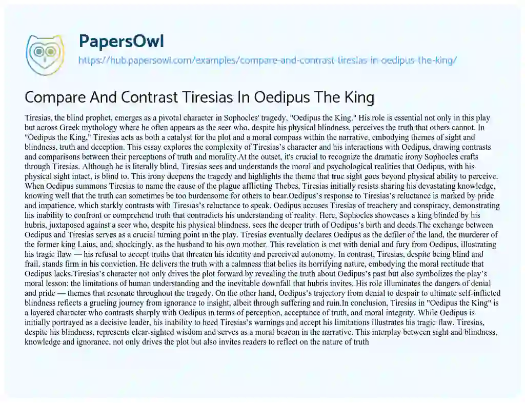 Essay on Compare And Contrast Tiresias In Oedipus The King