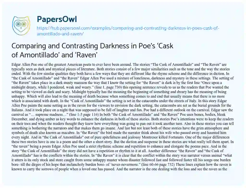 Essay on Comparing and Contrasting Darkness in Poe’s ‘Cask of Amontillado’ and ‘Raven’