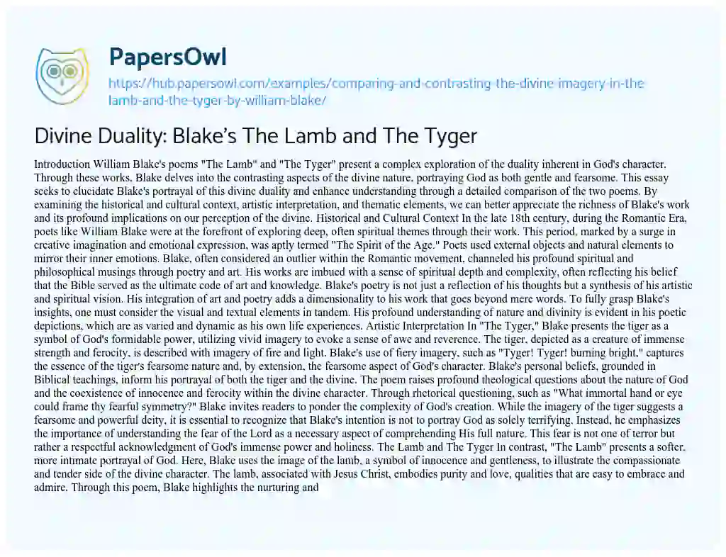 Essay on Divine Duality: Blake’s The Lamb and The Tyger