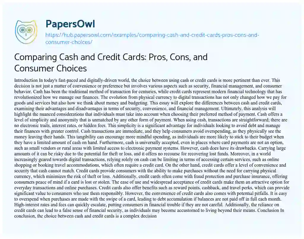 Essay on Comparing Cash and Credit Cards: Pros, Cons, and Consumer Choices