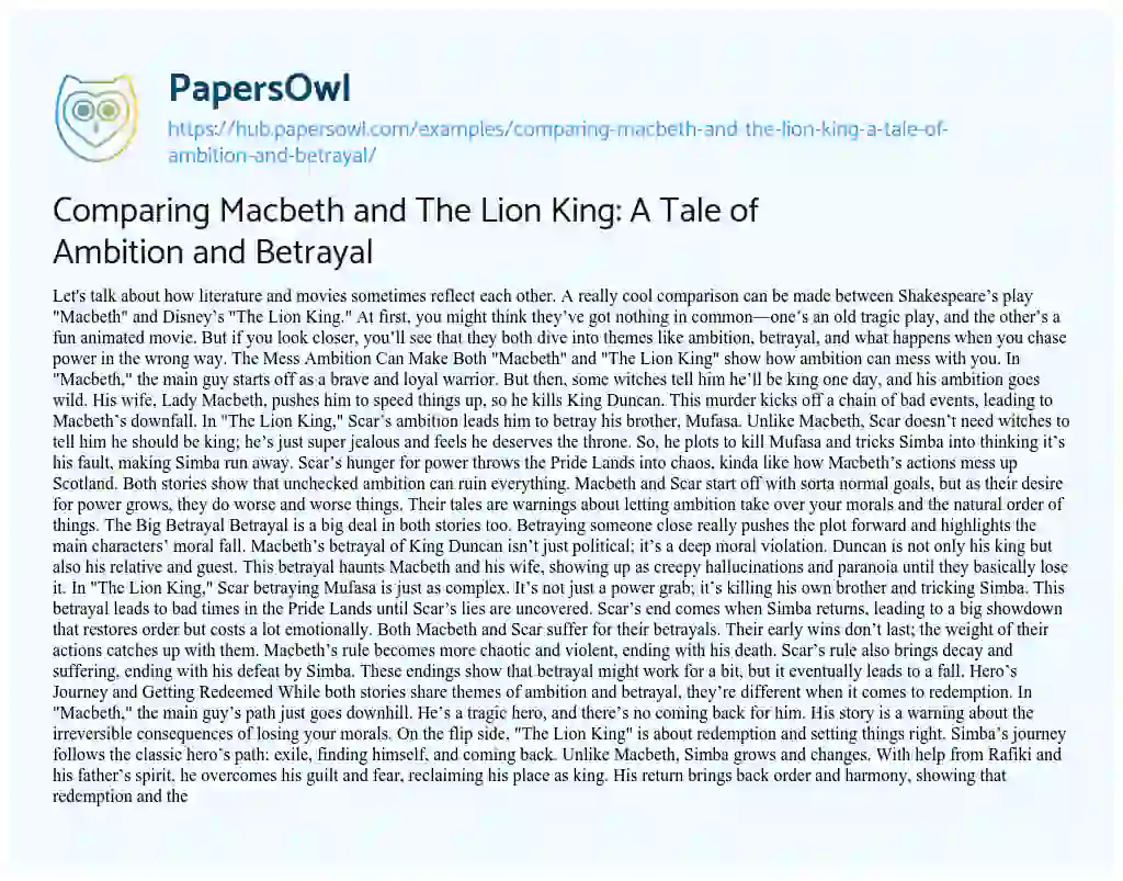 Essay on Comparing Macbeth and The Lion King: A Tale of Ambition and Betrayal