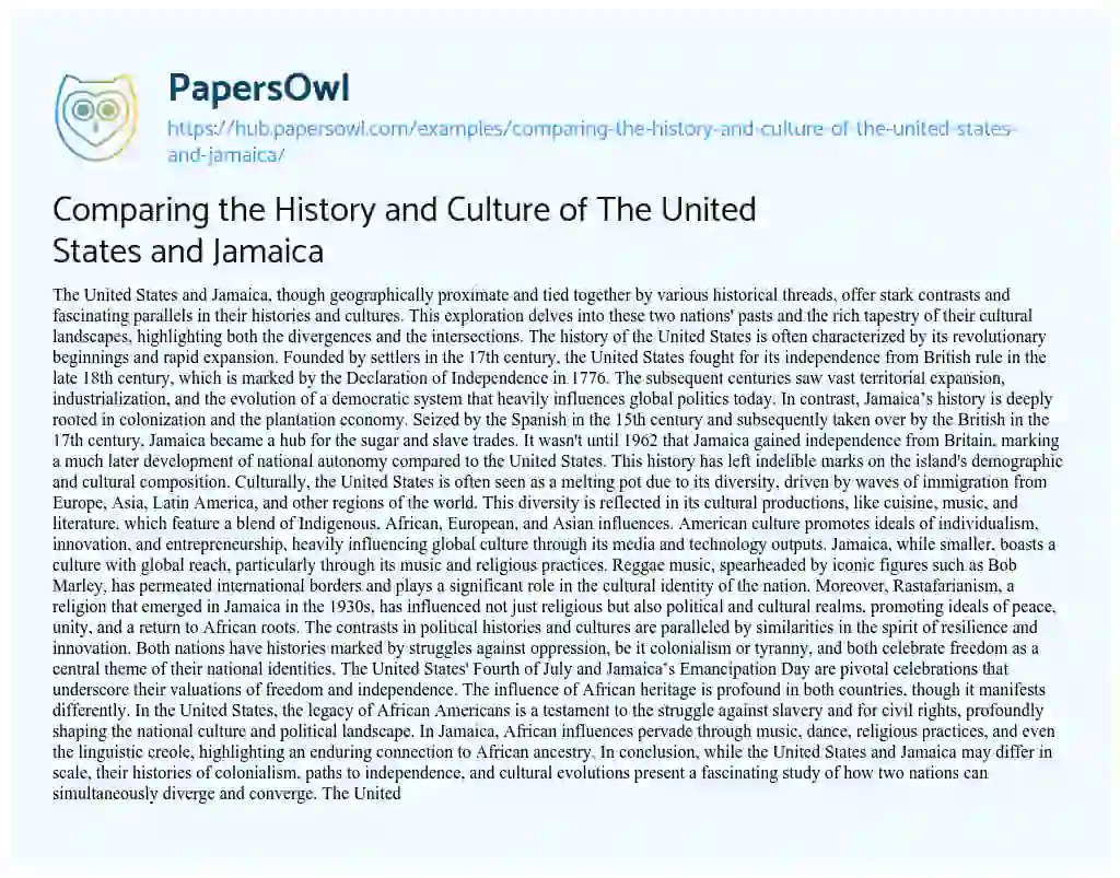 Essay on Comparing the History and Culture of The United States and Jamaica